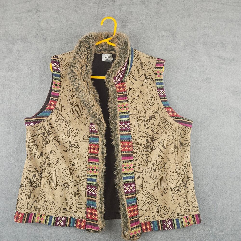 Chico's Boho Faux Fur Southwestern Vest L Rustic Tribal Print Festival